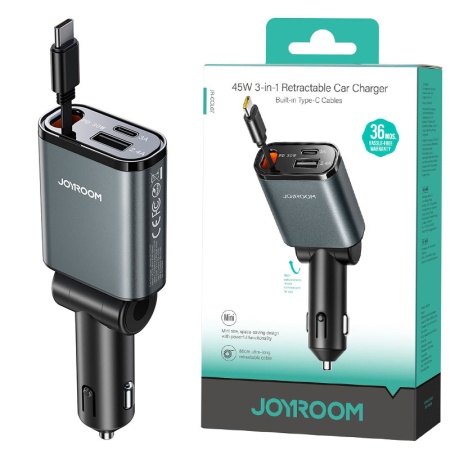 Incarcator auto Joyroom JR-CCL07 cu cablu retractabil 1m – PD 30W, QC3.0, USB-C + USB, negru