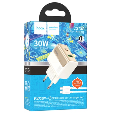 Incarcator Retea + Cablu Type-C 1m HOCO CS73A, PD30W+QC3.0, 1xUSB-C, 1xUSB, Fast, WHITE