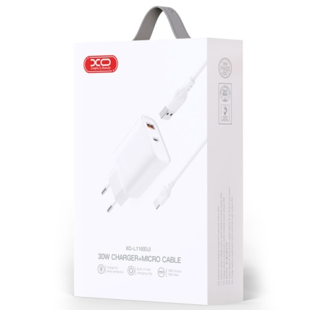 Incarcator retea XO L116 cu 1xUSB-C + 1xUSB-A 30W, Quick Charge 3.0 & PD, cablu MicroUSB, alb