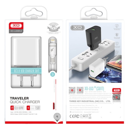 Incarcator retea XO L63 cu 1xUSB-A-A 15W + USB-A la Lightning, Quick Charge 3.0, alb