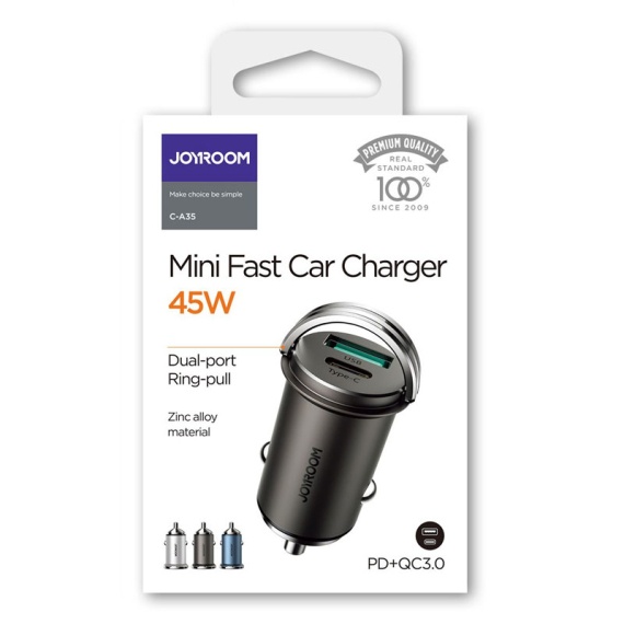 Joyroom C-A35 - Incarcator Auto, Mini, 45W, 1xUSB-C, 1xUSB-A, PD, QC 3.0, Ring-Pull, Negru