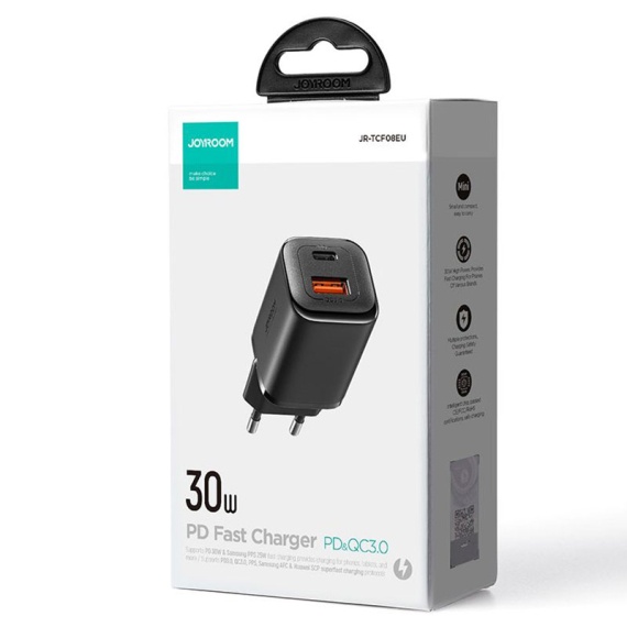 Joyroom JR-TCF08EU - Incarcator Retea, 30W, 1xUSB-C, 1xUSB-A, PD, QC 3.0, Negru