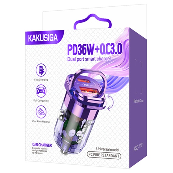 Kaku KSC-1191 - Incarcator Auto, PD36W, 1xUSB-C, 1xUSB-A, Violet