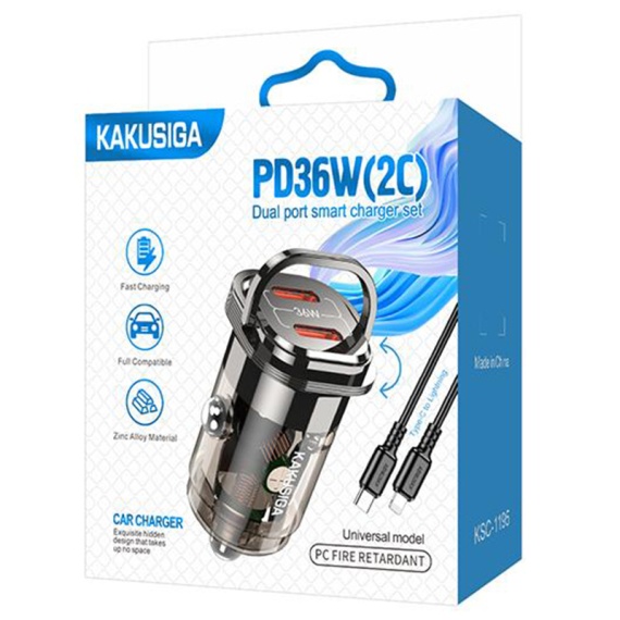Kaku KSC-1195 - Incarcator Auto + Cablu Lightning, 1m, PD36W, 2xUSB-C, Negru