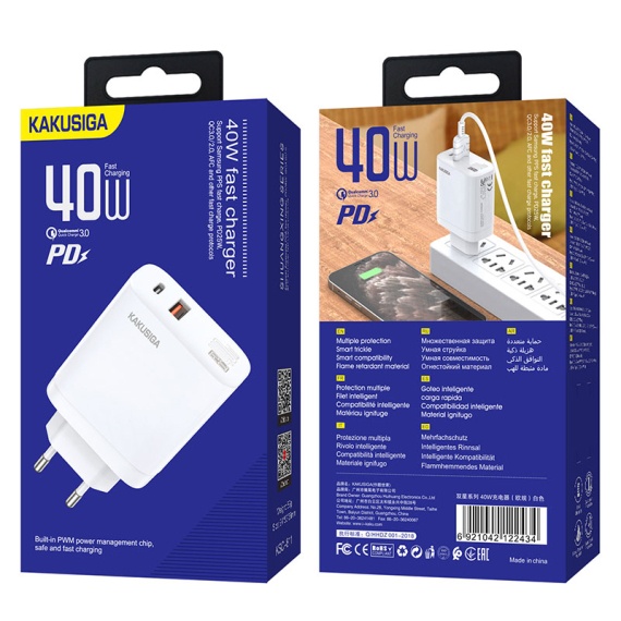 Kaku KSC-811 - Incarcator Retea, 40W, 1xUSB-C, 1xUSB-A, PD, QC 3.0, Alb