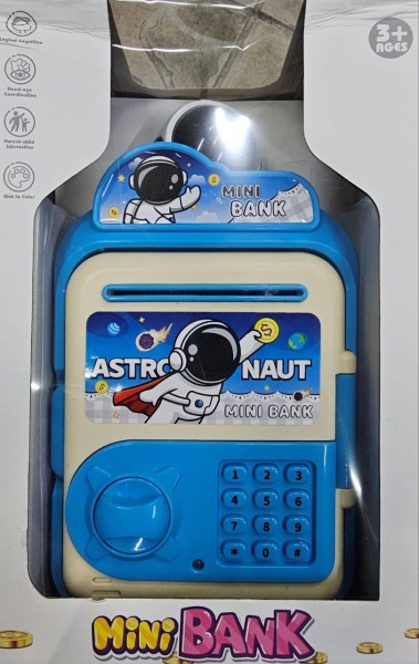 Pusculita Seif pentru Copii, ATM de Jucarie, Cosmonaut Sunete si Lumini, Rulare automata a Bancnotelor, Albastru