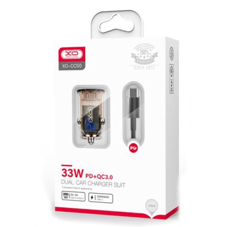 XO CC50 – Incarcator auto + cablu USB-C 33W USB-C USB-A PD QC 3.0 clear design