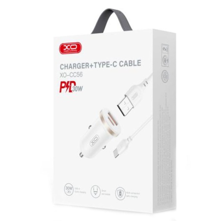 XO CC56 – Incarcator auto + cablu Type-C 30W Type-C USB PD QC 3.0 compact, alb