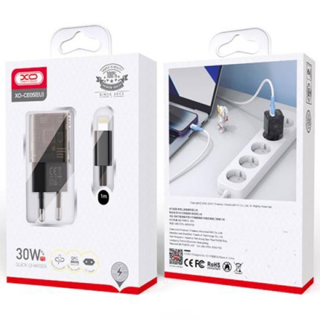 XO CE05 – Incarcator retea + cablu Lightning 30W USB-C USB-A PD QC 3.0