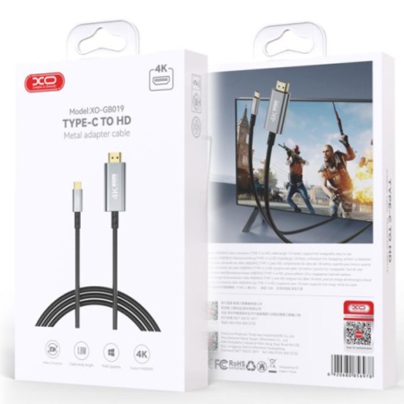 XO GB019 - Cablu Audio si Video, Type-C la HDMI, HD 4k, 1.8m, Gri
