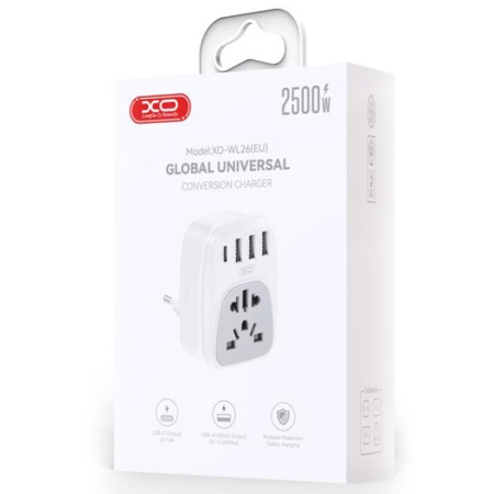 XO WL26 - Adaptor Socket Multiport, 1xUSB-C, 3xUSB, PD, QC3.0, EU, White