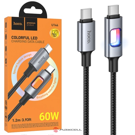 Cablu date si incarcare Type-C la Type-C, HOCO U144, PD 60W, LED Hollow, FastCharge, 1.2m, BLISTER, BLACK