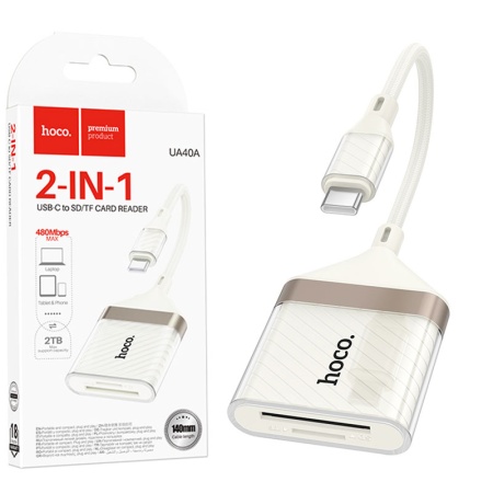 Cititor carduri HOCO UA40A 2-in-1 SD si TF cu conector USB-C – transfer 480Mbps, alb