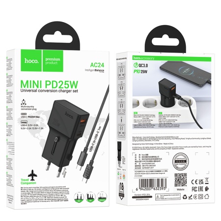 Hoco AC24 - Adaptor Priza + Cablu Type-C, 1m, Type-C 25W, Fast Charge, Negru