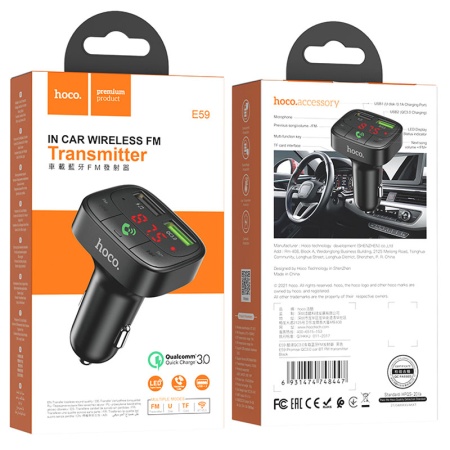 Hoco E59 – Modulator FM Bluetooth 18W 5V 3.1A 2xUSB QC3.0 Black
