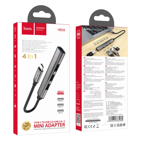Hoco HB26 - Adaptor OTG Transfer, Type-C la USB 3.0, 3 x USB 2.0, Gri