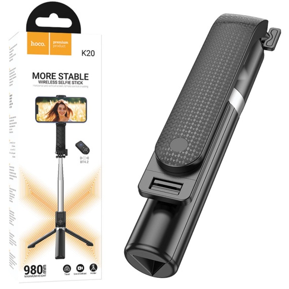 Hoco K20 - Suport Stand, tip Selfie, pentru telefon, 2 in 1, Mini Telescopic, Inox, cu telecomanda BT, Negru