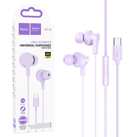 Hoco M114 - Casti cu Fir, In Ear, Type-C, 1.2m, Mic & Volume Key, Violet