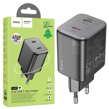 Hoco N42 – Incarcator de retea 45W, 2xUSB-C, PD, negru