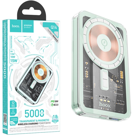 Hoco Q14 - Baterie Externa Wireless 5000mAh, 1xUSB-C PD, 5V, 2A, Magnet, Display LED, Albastru