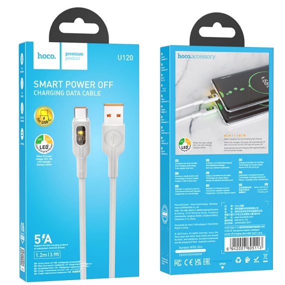 Hoco U120 - Cablu Date si Incarcare, USB la Type-C, 18W, 5A, LED Power, 1.2m, Gri
