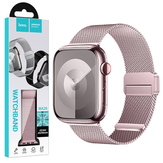 Hoco WA26 - Curea metalica, pentru iWatch, inchidere magnet, Universal Size - 42/44/45/49mm, Double Buckle, Milanese Style, Roz