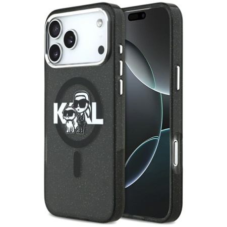 Husa Karl Lagerfeld pentru APPLE iPhone 17 Pro Max - MagSafe, Glitter Karl & Choupette Sketch Logo, PC+TPU, Black - KLHMP17XHGKCGKBK, negru