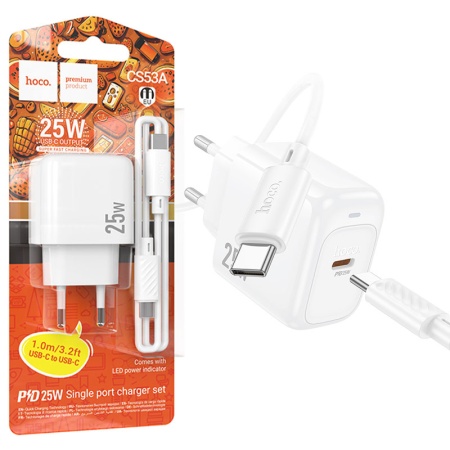 Incarcator retea + cablu HOCO CS53A, 25W USB-C, FastCharge, 1m USB-C, CS53AUSBCWH, white