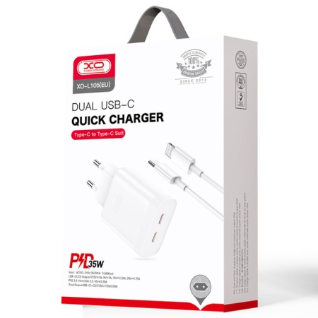Incarcator retea + cablu la Lightning XO L105 cu 2xUSB-C 35W, Power Delivery , alb