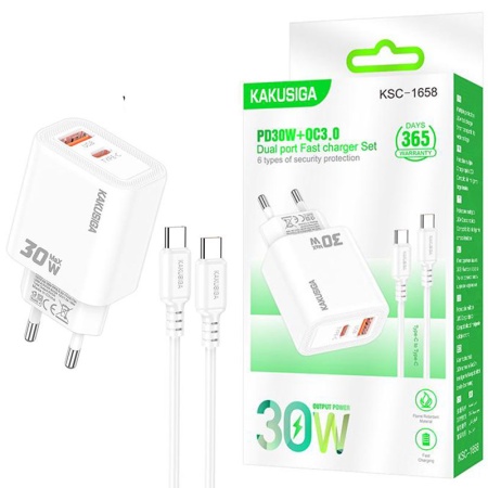 Incarcator retea + cablu Type-C KAKUSIGA KSC-1658, 30W PD QC3.0, 1xUSB, WHITE