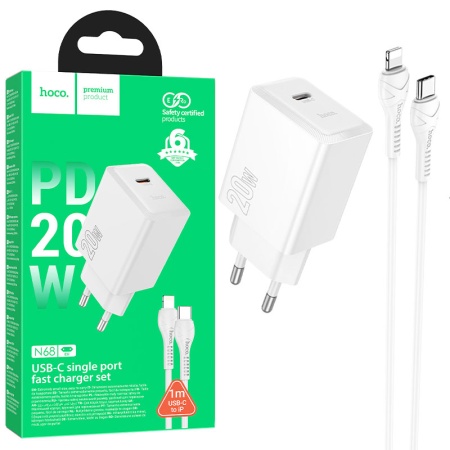Incarcator retea HOCO N68 cu cablu Lightning 1m – PD 20W, 1xUSB-C, FastCharge, alb