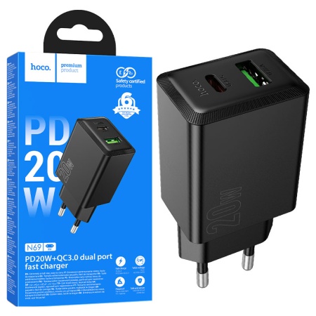 Incarcator Retea HOCO N69, PD20W+QC3.0, 1xUSB-C, 1xUSB, Fast, BLACK