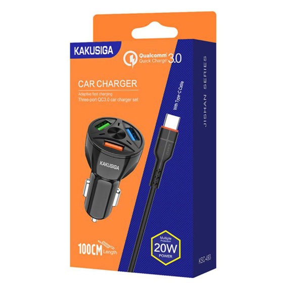Kaku KSC-493 - Incarcator Auto + Cablu Type-C, 20W, 3xUSB, QC 3.0, Negru