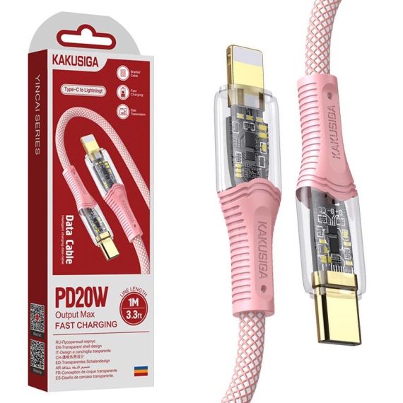Kaku KSC-809 - Cablu Date si Incarcare, Type-C la Lightning, PD20W, QC3.0, Braided, LED Power, 1m, Roz