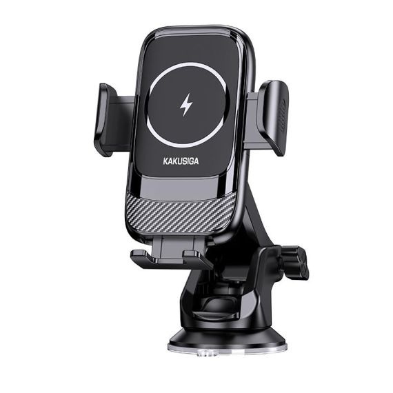Kakusiga - Suport universal pentru telefon mobil cu incarcare Wireless, 15W, Fixare dubla, 360°, Montaj Bord, Cleme laterale, Negru