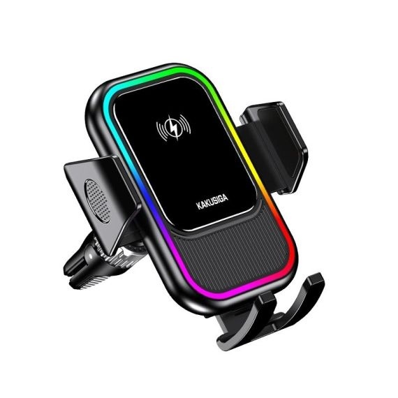 Kakusiga - Suport universal pentru telefon mobil cu incarcare Wireless, 15W, Fixare dubla, 360°, Cleme laterale, AutoGravity, Negru