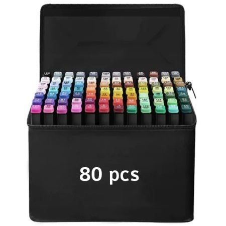 OEM 80PCS – Set markere permanente pe baza de alcool, dual tip (varf subtire + tesit), 80 culori, cu husa de depozitare
