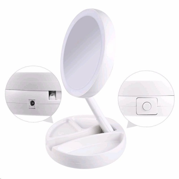 Oglinda rotunda pentru machiaj cu iluminare LED, Pliabila, 25 cm, Efect de lupa, Alb