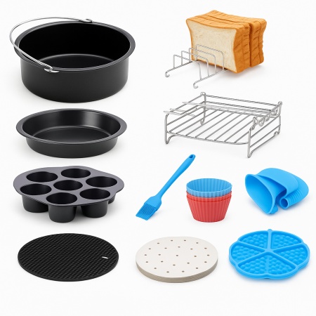 Set 11 accesorii Zilan ZLN8023 pentru friteuza cu aer, diametru 19 cm, tavi, grill, forme si ustensile din silicon si inox