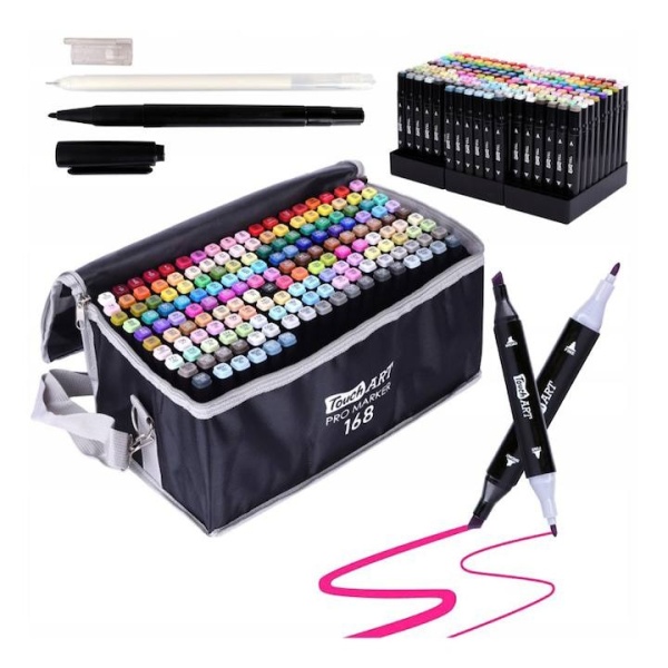 Set168 Markere Smartix, geanta de depozitare inclusa, 2 tipuri de varf, pe baza de alcool, culori intense, multicolor