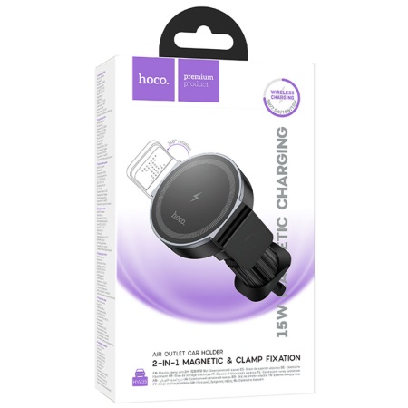 Suport auto cu incarcare wireless Hoco HW35 – 15W, magnetic MagRing, fixare dubla ventilatie, negru