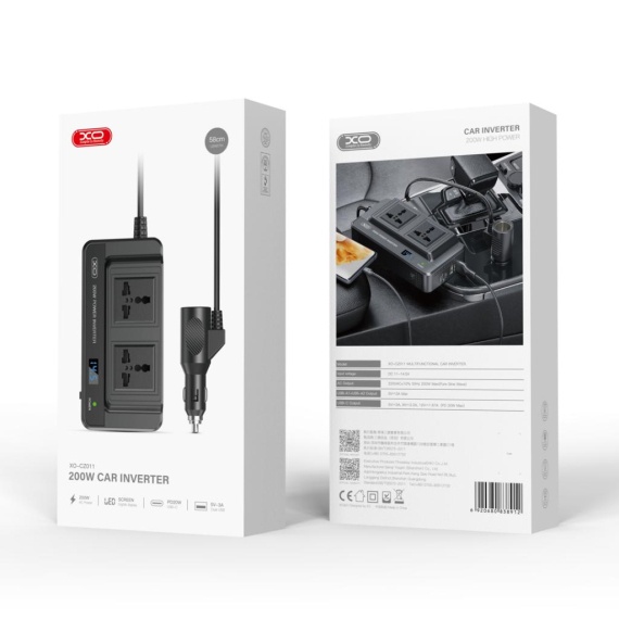 XO CZ011- Invertor auto, 200W, RMS, iesire 220V, 1xUSB-C, 2xUSB-A, indicator LED, Negru