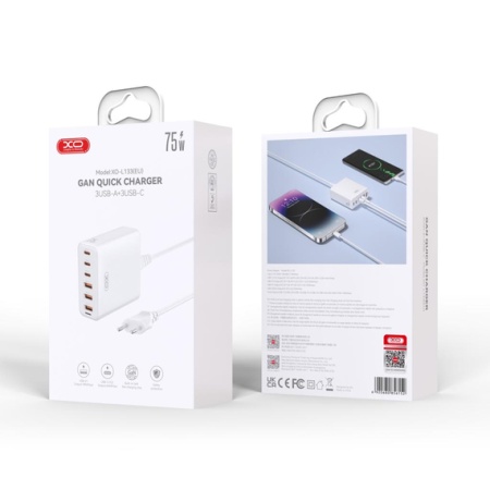 XO L133 – Statie incarcare GaN PD 75W cu 3xUSB-C si 3xUSB-A cablu 1.5m, alb