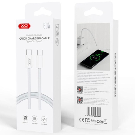 XO NB-Q260A - Cablu USB-C la USB-C, PD60W, QC 3.0, 1m, Textil, Alb