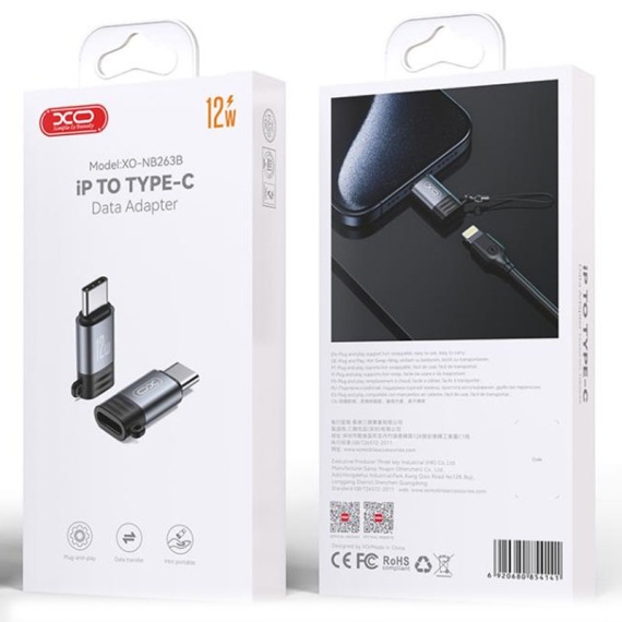 XO NB263B - Adaptor OTG Transfer/Incarcare, Lightning la USB-C, PD12W, QC3.0, 2A, 5V, Gri
