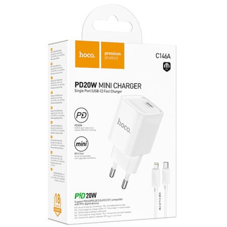 Hoco C146A - Incarcator Retea + Cablu Lightning, 1m, Type-C 20W, Fast Charge, Alb