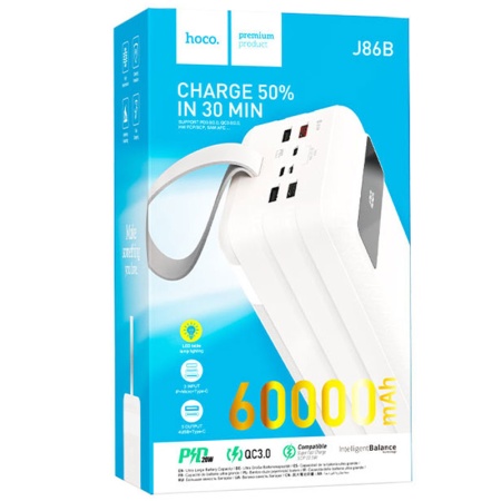 Hoco J86B - Baterie Externa 60000mAh 22.5W PD QC 4xUSB-A 1xUSB-C LED Alb