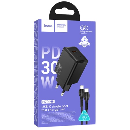 Hoco N70 - Incarcator Retea USB-C 30W PD + Cablu Lightning 1m, FastCharge, Negru