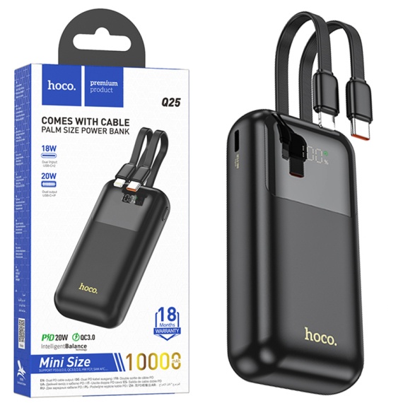 Hoco Q25 - Baterie Externa, PowerBank, cu mini-cabluri Type-C / Lightning x 20W, 5V, 2A, 10000mAh, Display LED, Graceful, Negru