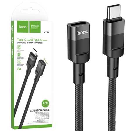 Hoco U107 - Adaptor Cablu Date si Incarcare Type-C la Type-C (F) 3A Braided 1.2m Negru